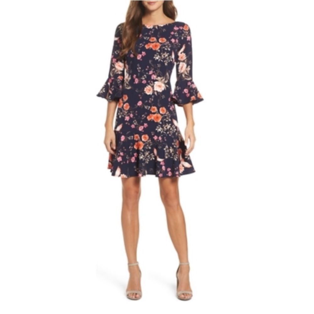 Eliza J Floral Bird Blue Print Ruffle Boho Bell Sleeves Dress Contemporary